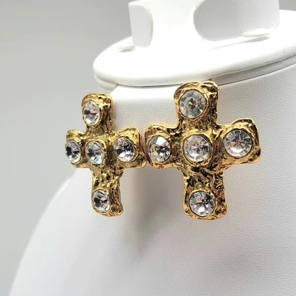 Christian LaCroix Textured Gold Cross Statement Earrings with Swarovski Crystals
